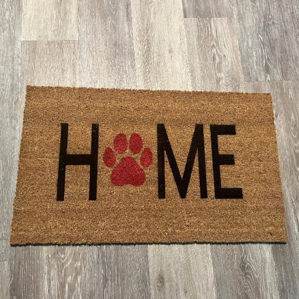 HOME with red dog paw decorative coir doormat